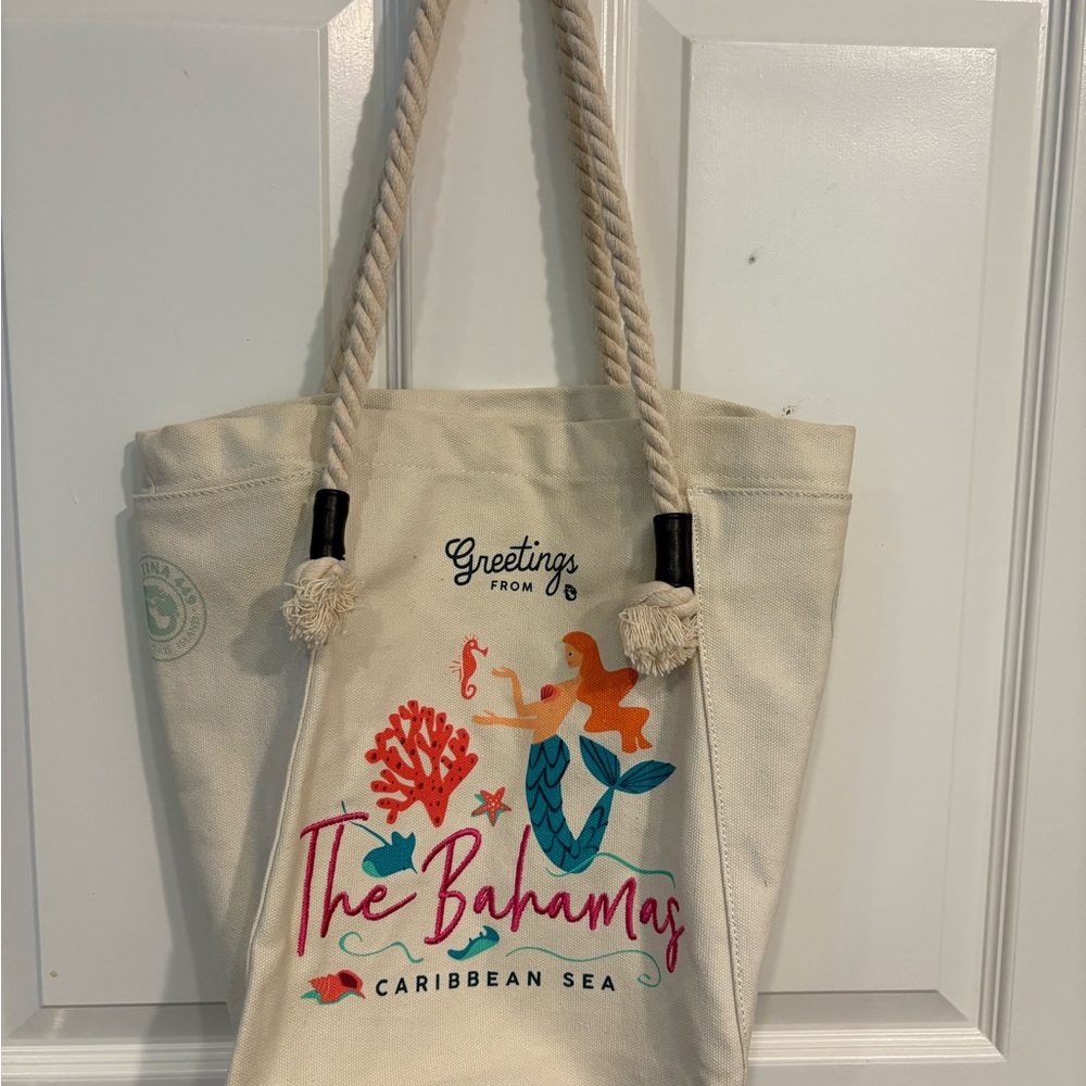 Spartina 449 Cream The Bahamas Tote Bag with Mermaid & Artistic Coral Design